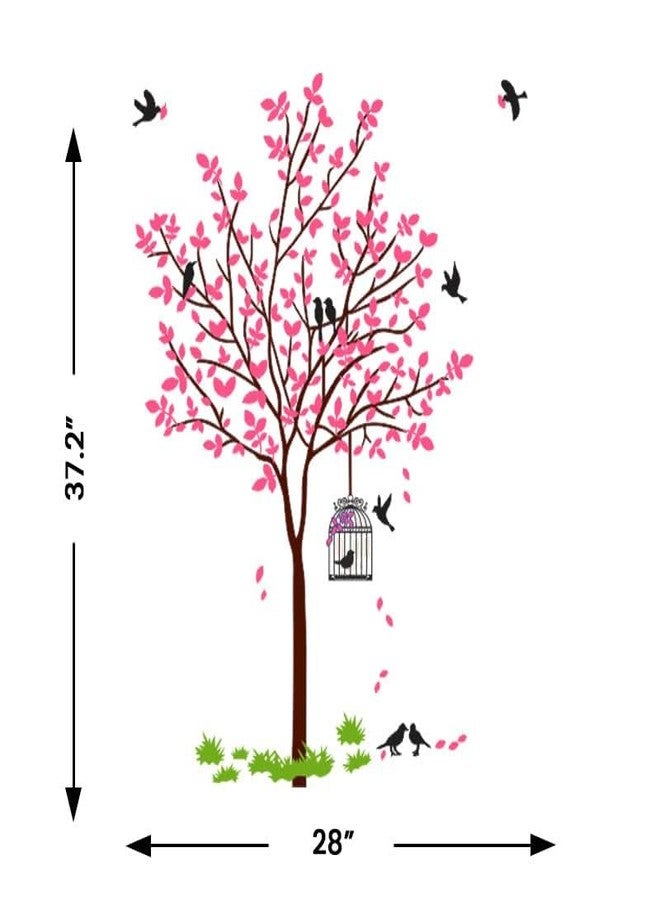 Merical Set of 4 Pink Tree Bird & Nest, Blue Tree Moon, Dreamy Girl, Branches and Cages, Wall Sticker for Wall Decor, Living Room, Children Room - Image 2